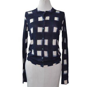 Tory Burch Cardigan Sweater Womens Small Navy Antibesa Cotton Geometric Pattern